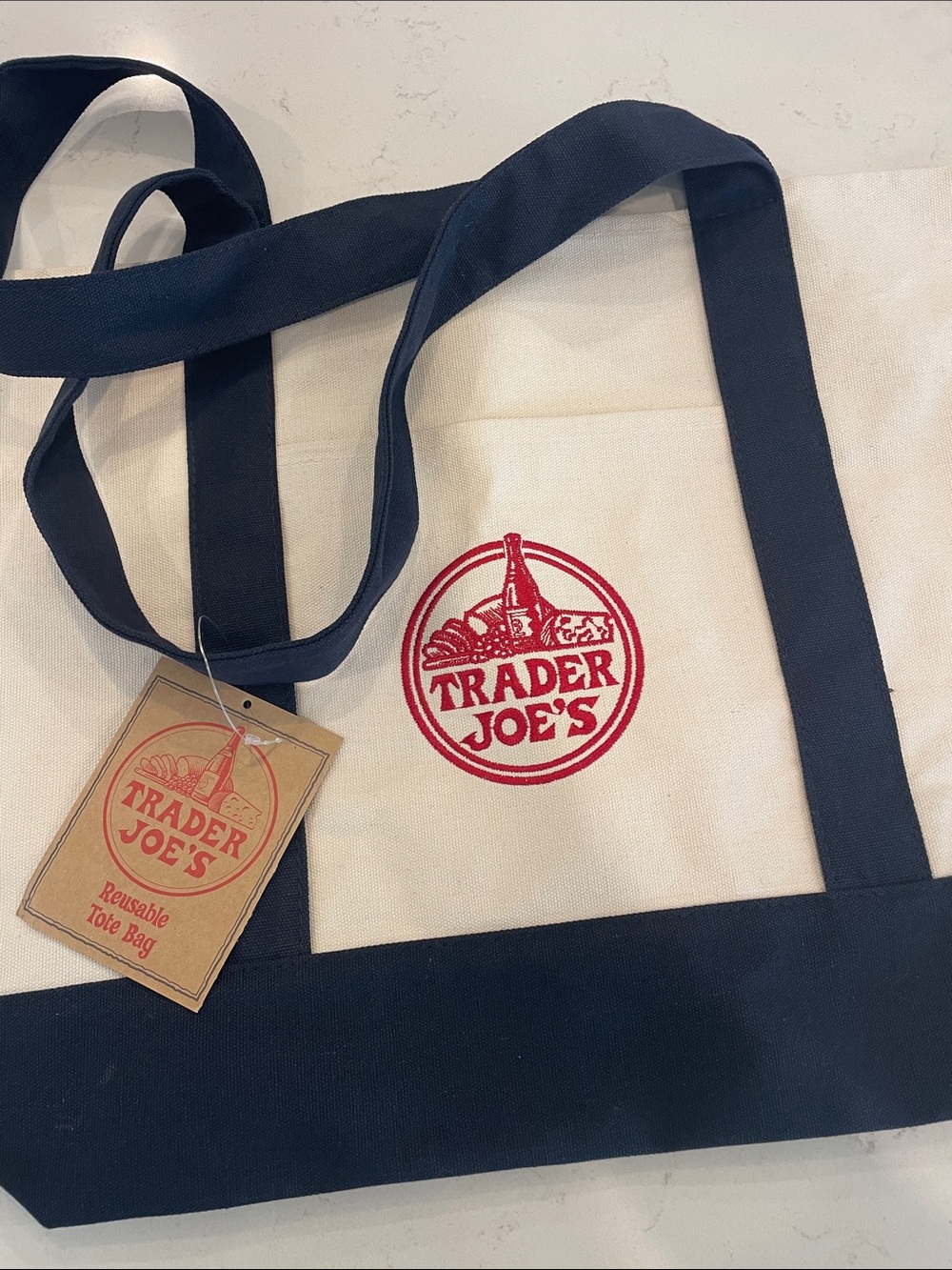 Trader Joe's Canvas Tote Bag in Cream and Navy